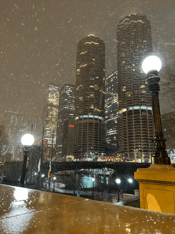 Snow at the Marina City Towers in Chicago, Illinois.