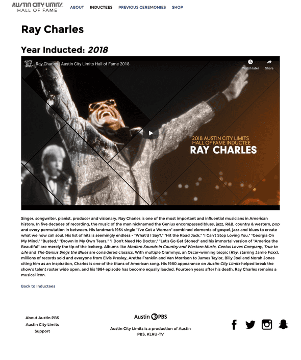 Desktop view of Ray Charles inductee page.