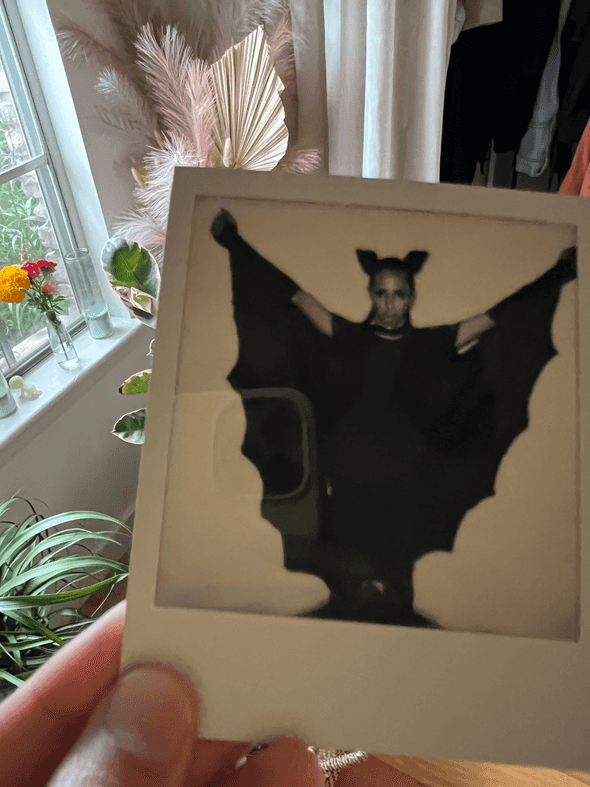 Joey dressed as a bat, spreading his wings