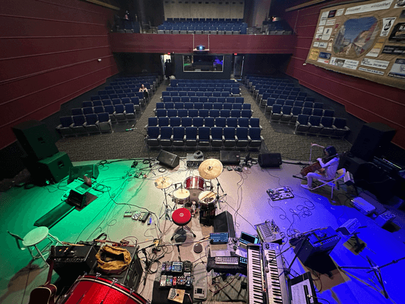 Joey warming up on the stage of the Gaslight Baker Theatre in Lockhart.